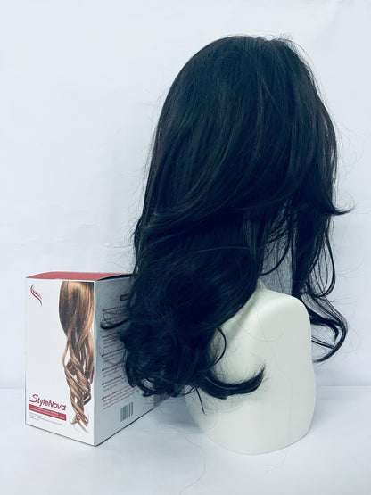 StyleNova Long Wavy Black Layered Wig with Curtain Bangs for Women,Synthetic Layered Long Wavy Wig Butterfly Haircut with Thin Hair