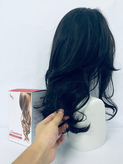 StyleNova Long Wavy Black Layered Wig with Curtain Bangs for Women,Synthetic Layered Long Wavy Wig Butterfly Haircut with Thin Hair