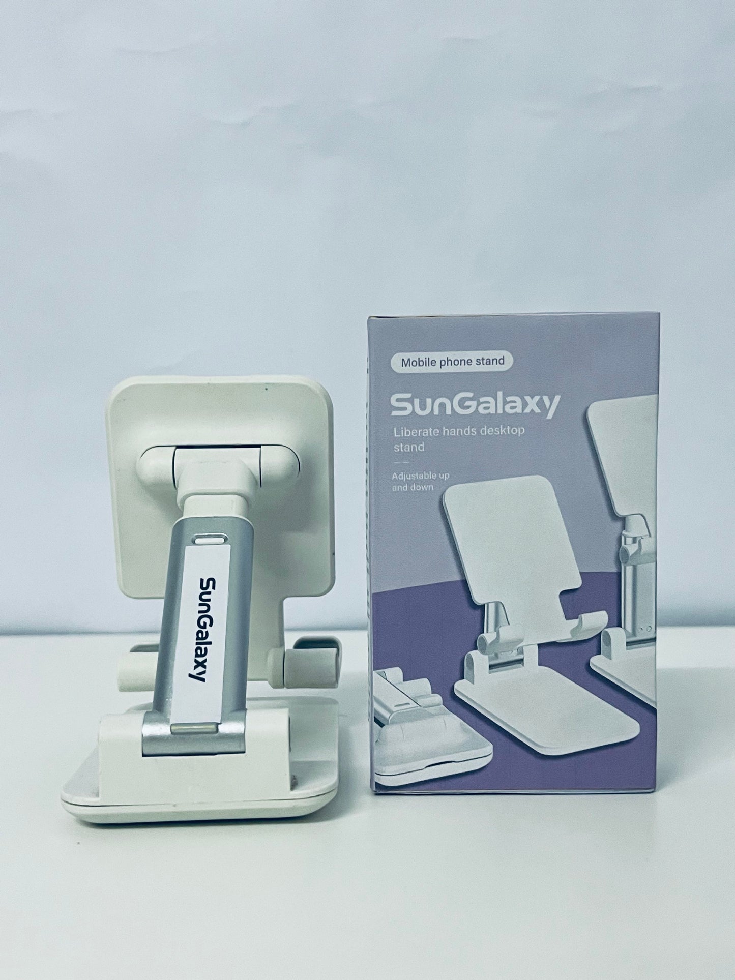 SunGalaxy Adjustable Mobile Phone Stand, Foldable Desktop Holder Compatible with iPhone, Android Phones, Tablets, Hands-Free for Streaming, Online Class, Video Call