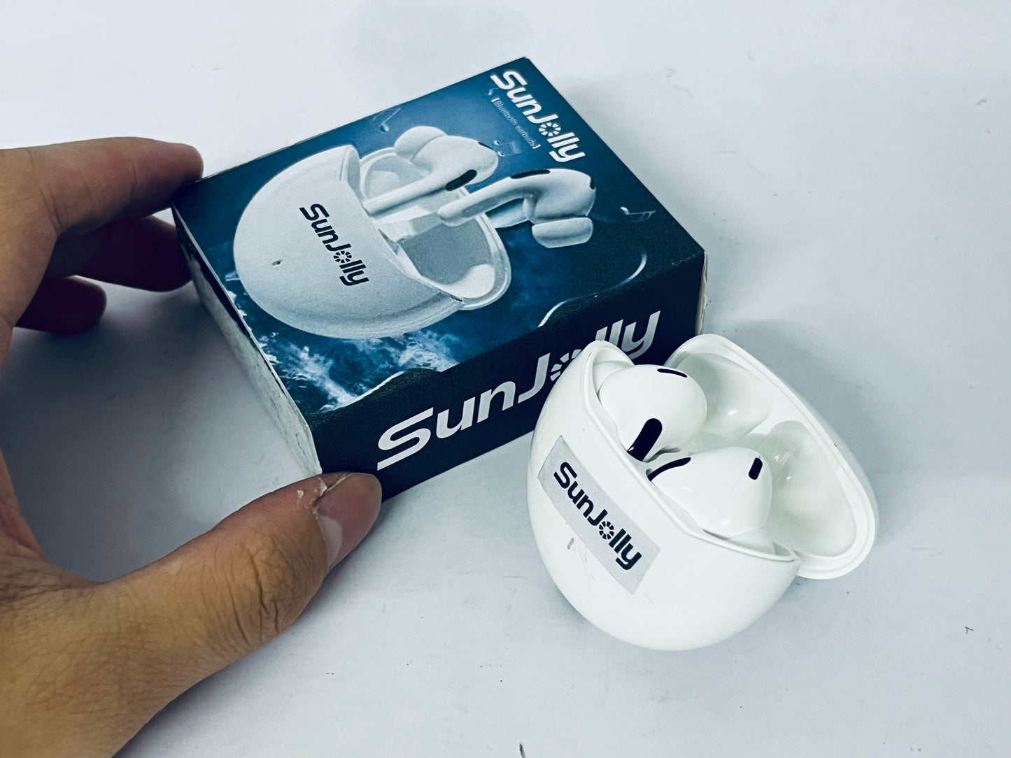 SunJolly True Wireless Earbuds, Bluetooth 5.3 Connection, Noise Cancelling, Waterproof, Touch Control, Charging Case, Premium Sound Quality, Comfortable Fit – White