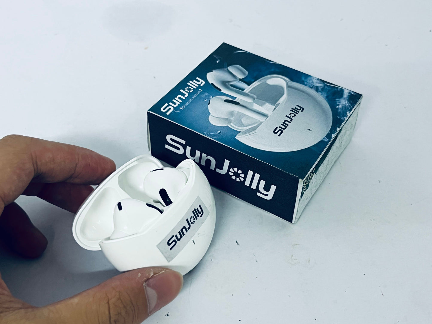 SunJolly True Wireless Earbuds, Bluetooth 5.3 Connection, Noise Cancelling, Waterproof, Touch Control, Charging Case, Premium Sound Quality, Comfortable Fit – White