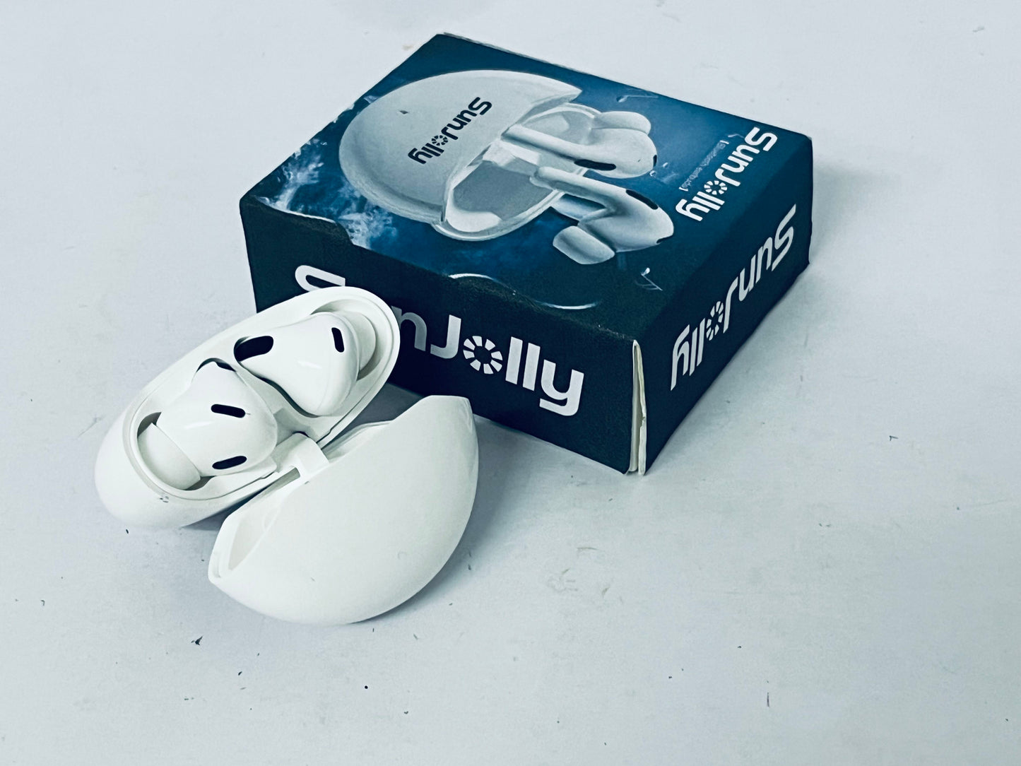SunJolly True Wireless Earbuds, Bluetooth 5.3 Connection, Noise Cancelling, Waterproof, Touch Control, Charging Case, Premium Sound Quality, Comfortable Fit – White
