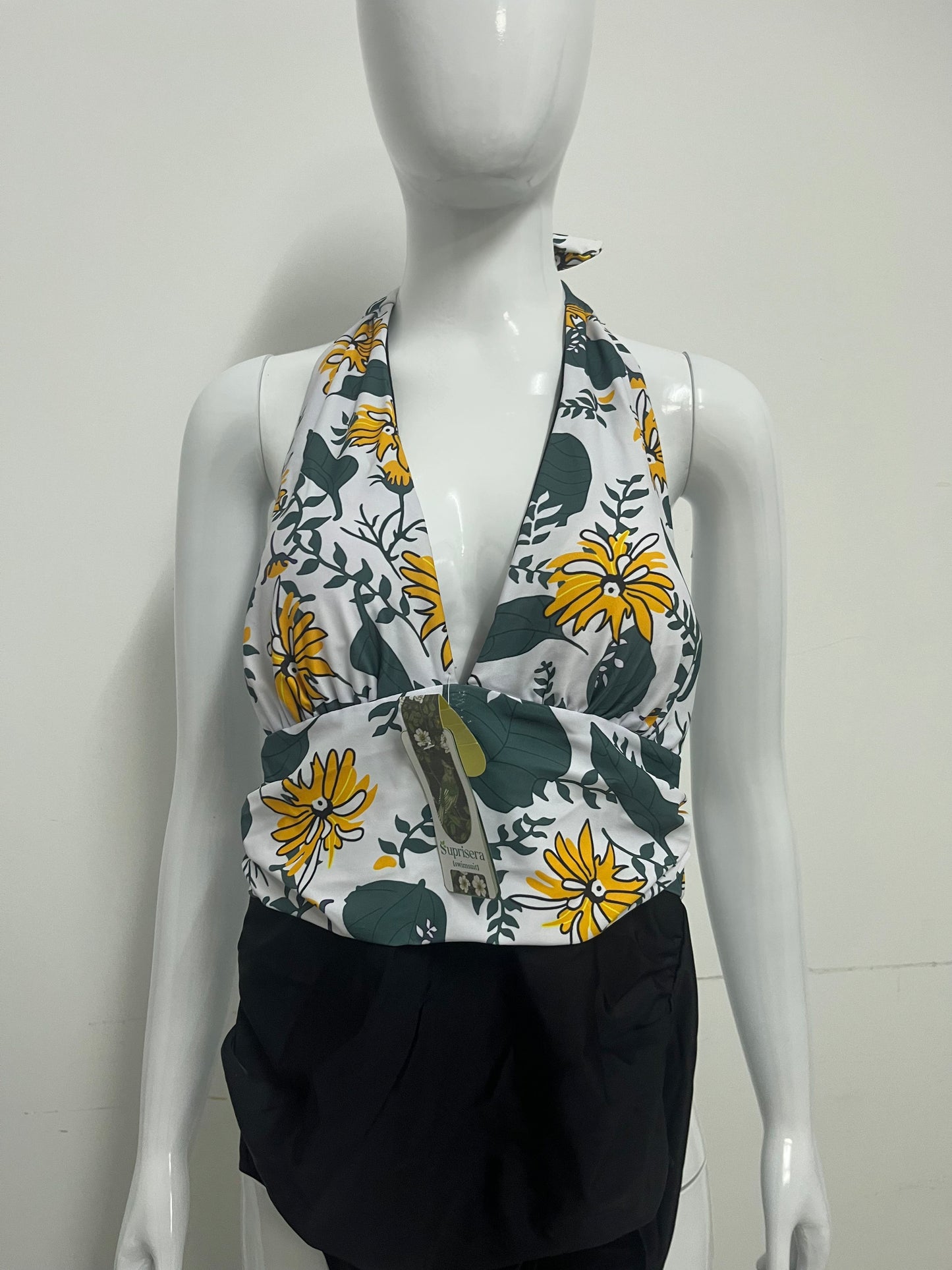 [Suprisera Swimsuits]-Floral Print Halter One-Piece Swimsuit - Retro Vacation Style Swimwear