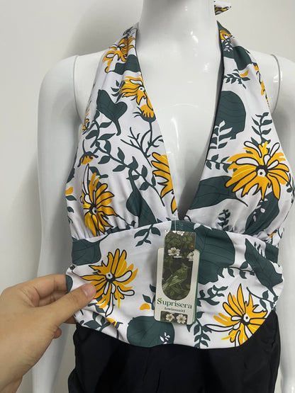 [Suprisera Swimsuits]-Floral Print Halter One-Piece Swimsuit - Retro Vacation Style Swimwear
