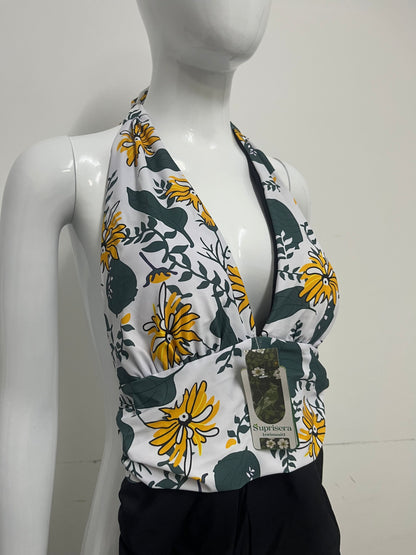 [Suprisera Swimsuits]-Floral Print Halter One-Piece Swimsuit - Retro Vacation Style Swimwear