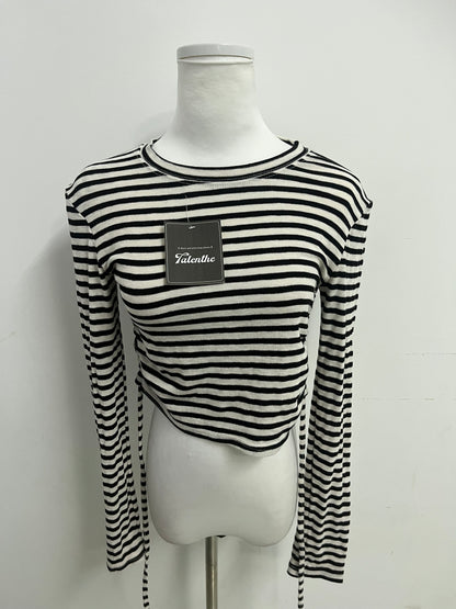 Talenthe Tops as clothing Black & White Striped Drawstring Cropped Top Retro & Stylish Slimming & Flattering A Versatile Piece for Multi-Style Outfits