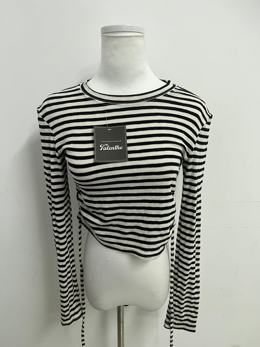 Talenthe Tops as clothing Black & White Striped Drawstring Cropped Top Retro & Stylish Slimming & Flattering A Versatile Piece for Multi-Style Outfits