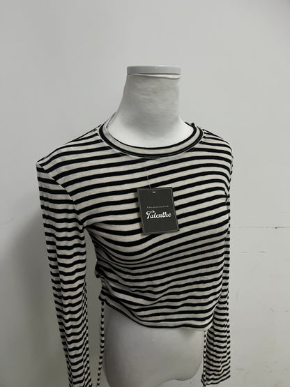 Talenthe Tops as clothing Black & White Striped Drawstring Cropped Top Retro & Stylish Slimming & Flattering A Versatile Piece for Multi-Style Outfits