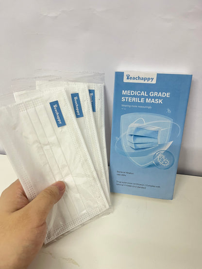 Teachappy White Sanitary Masks (Medical-Grade) - Soft Earloops & Adjustable Nose Bridge for Comfort