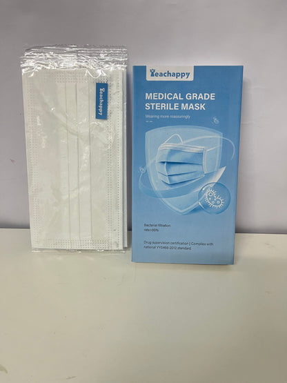 Teachappy White Sanitary Masks (Medical-Grade) - Soft Earloops & Adjustable Nose Bridge for Comfort