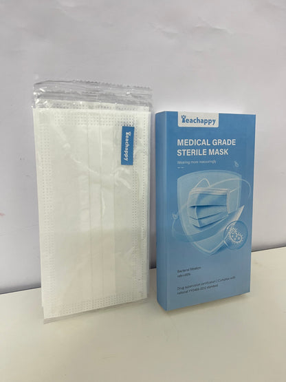 Teachappy White Sanitary Masks (Medical-Grade) - Soft Earloops & Adjustable Nose Bridge for Comfort