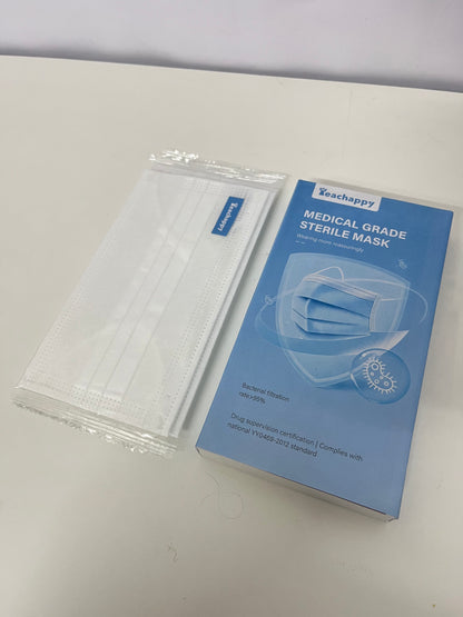 Teachappy White Sanitary Masks (Medical-Grade) - Soft Earloops & Adjustable Nose Bridge for Comfort