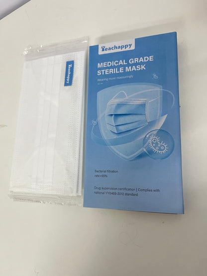 Teachappy White Sanitary Masks (Medical-Grade) - Soft Earloops & Adjustable Nose Bridge for Comfort