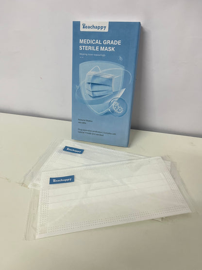 Teachappy White Sanitary Masks (Medical-Grade) - Soft Earloops & Adjustable Nose Bridge for Comfort