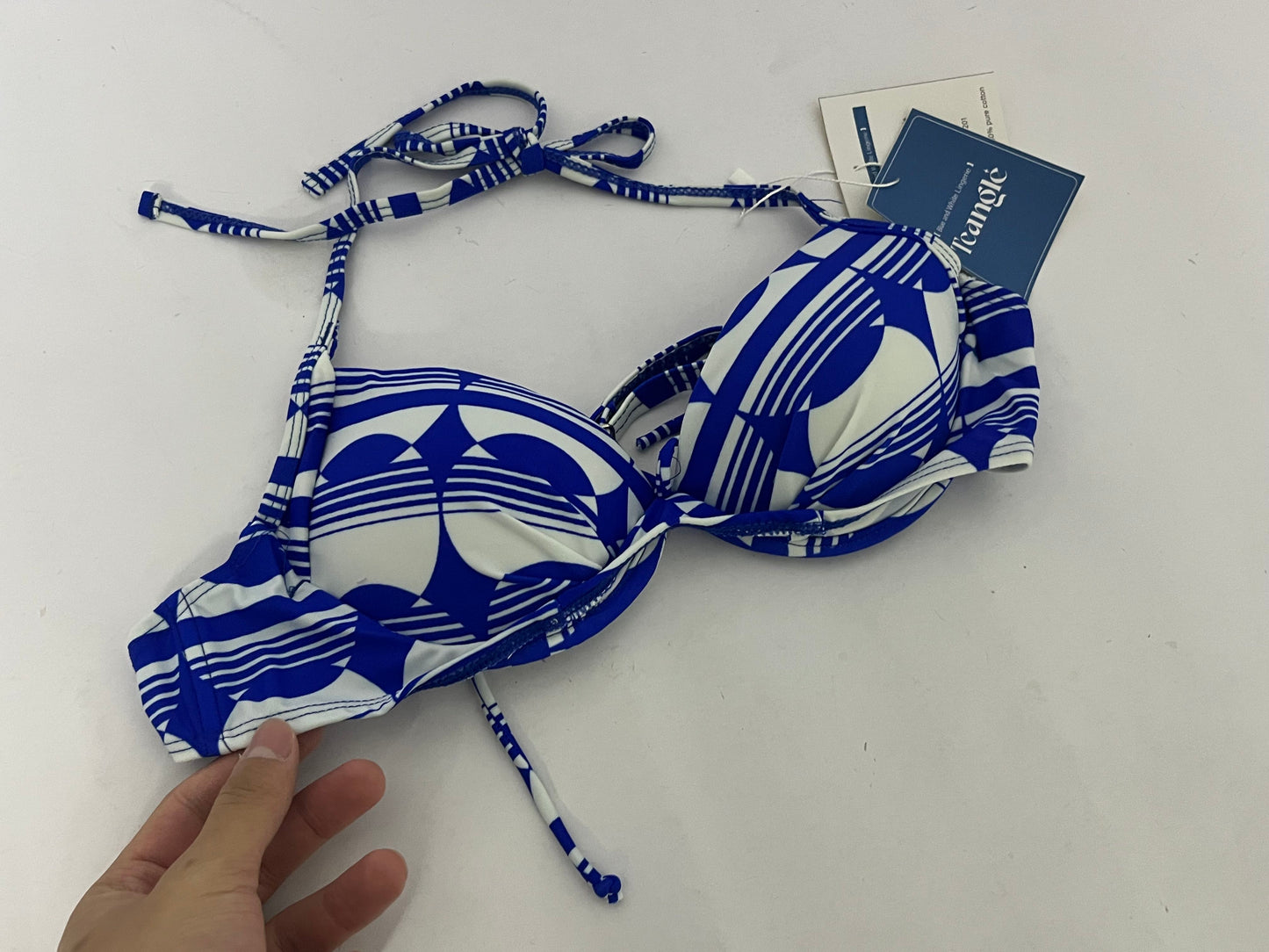 Teangle Bras Blue and White Geometric Pattern Bikini Top - A Stylish Choice for Summer Beach