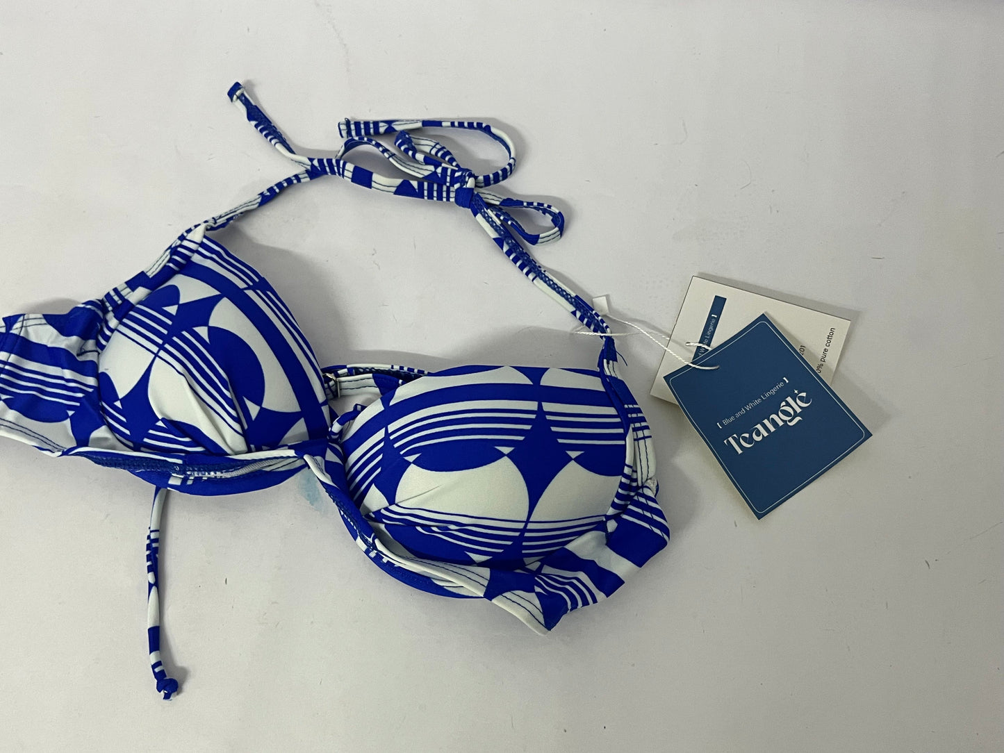 Teangle Bras Blue and White Geometric Pattern Bikini Top - A Stylish Choice for Summer Beach