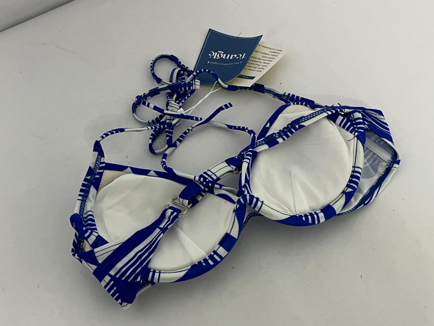 Teangle Bras Blue and White Geometric Pattern Bikini Top - A Stylish Choice for Summer Beach
