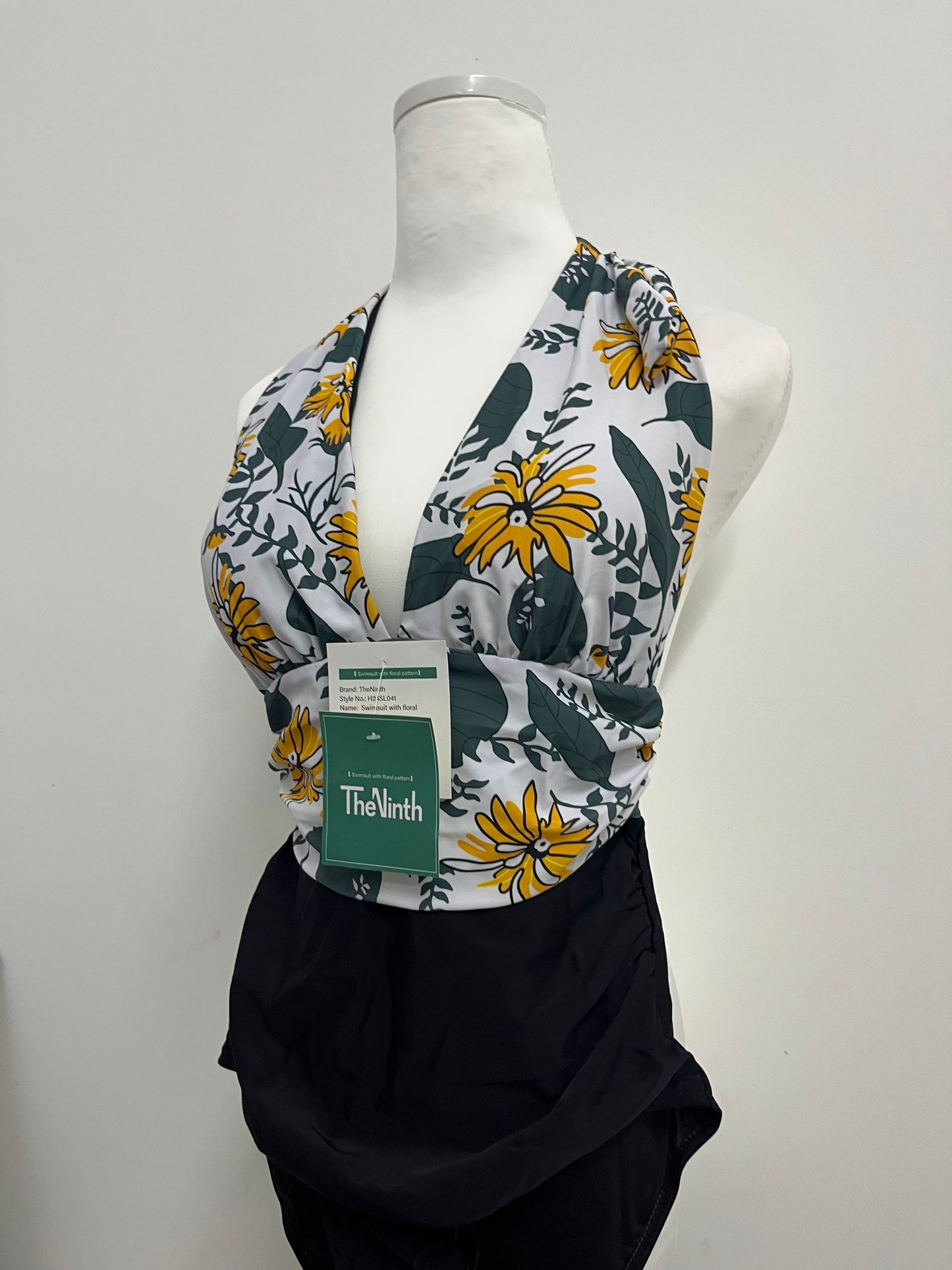 TheNinth Sexy Halter Backless Monokini, Floral Cheeky Ruched, Deep V Tummy Control