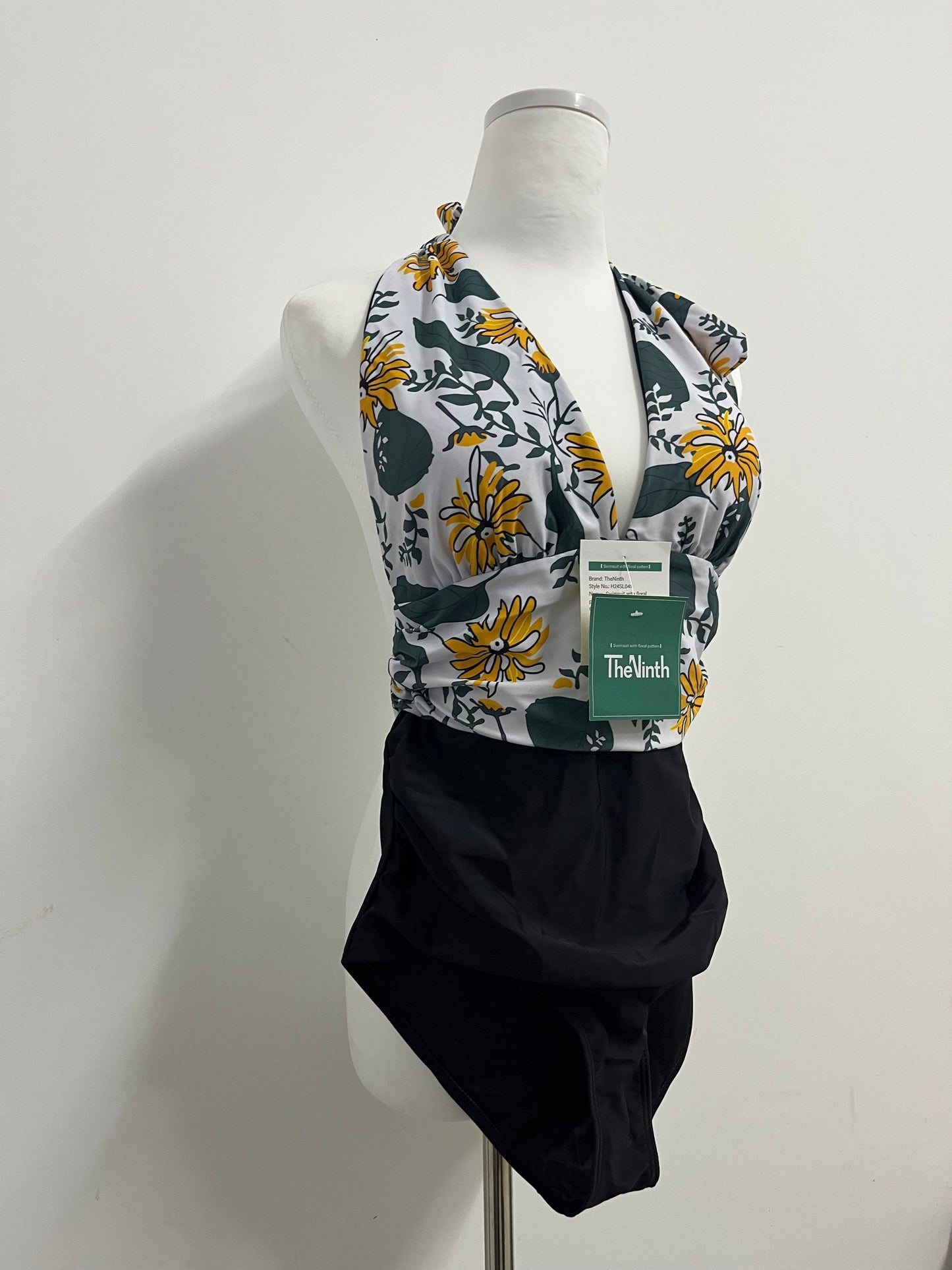 TheNinth Sexy Halter Backless Monokini, Floral Cheeky Ruched, Deep V Tummy Control