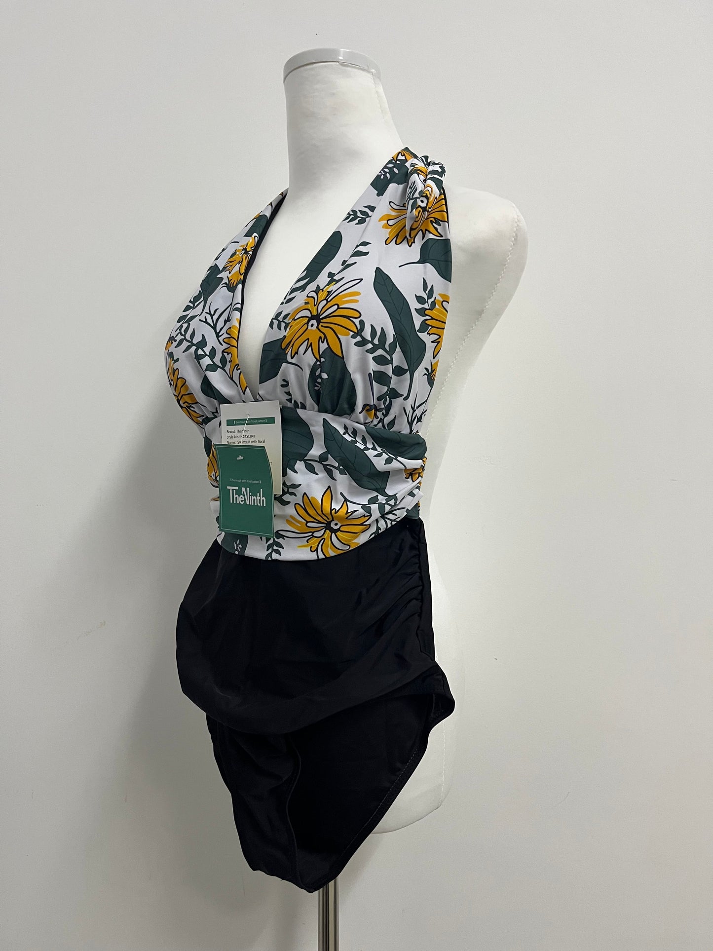 TheNinth Sexy Halter Backless Monokini, Floral Cheeky Ruched, Deep V Tummy Control