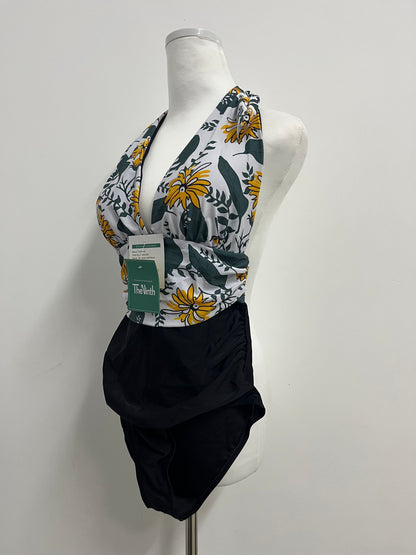 TheNinth Sexy Halter Backless Monokini, Floral Cheeky Ruched, Deep V Tummy Control