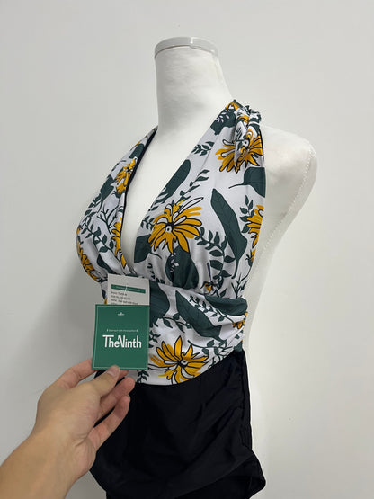 TheNinth Sexy Halter Backless Monokini, Floral Cheeky Ruched, Deep V Tummy Control