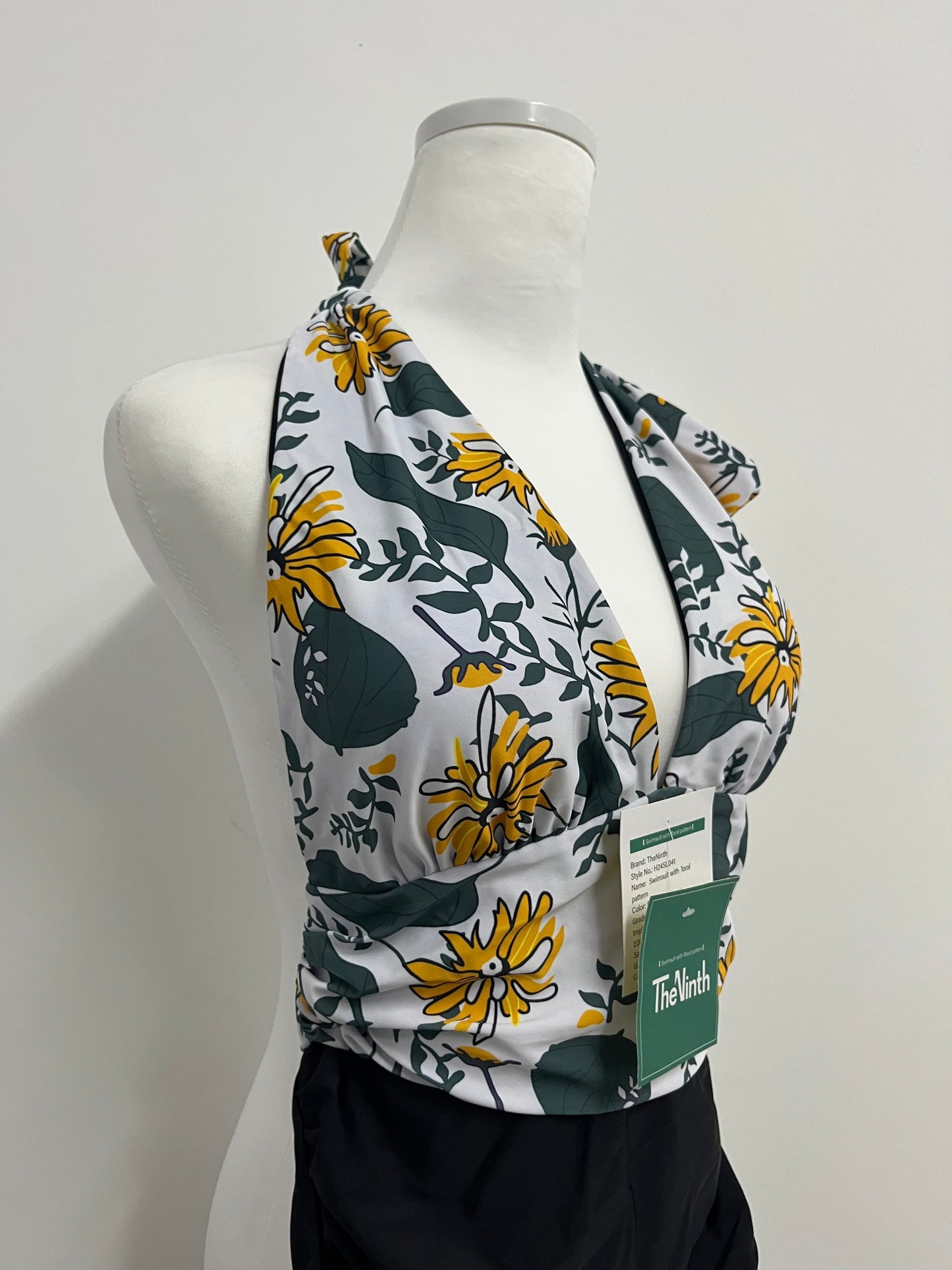 TheNinth Sexy Halter Backless Monokini, Floral Cheeky Ruched, Deep V Tummy Control