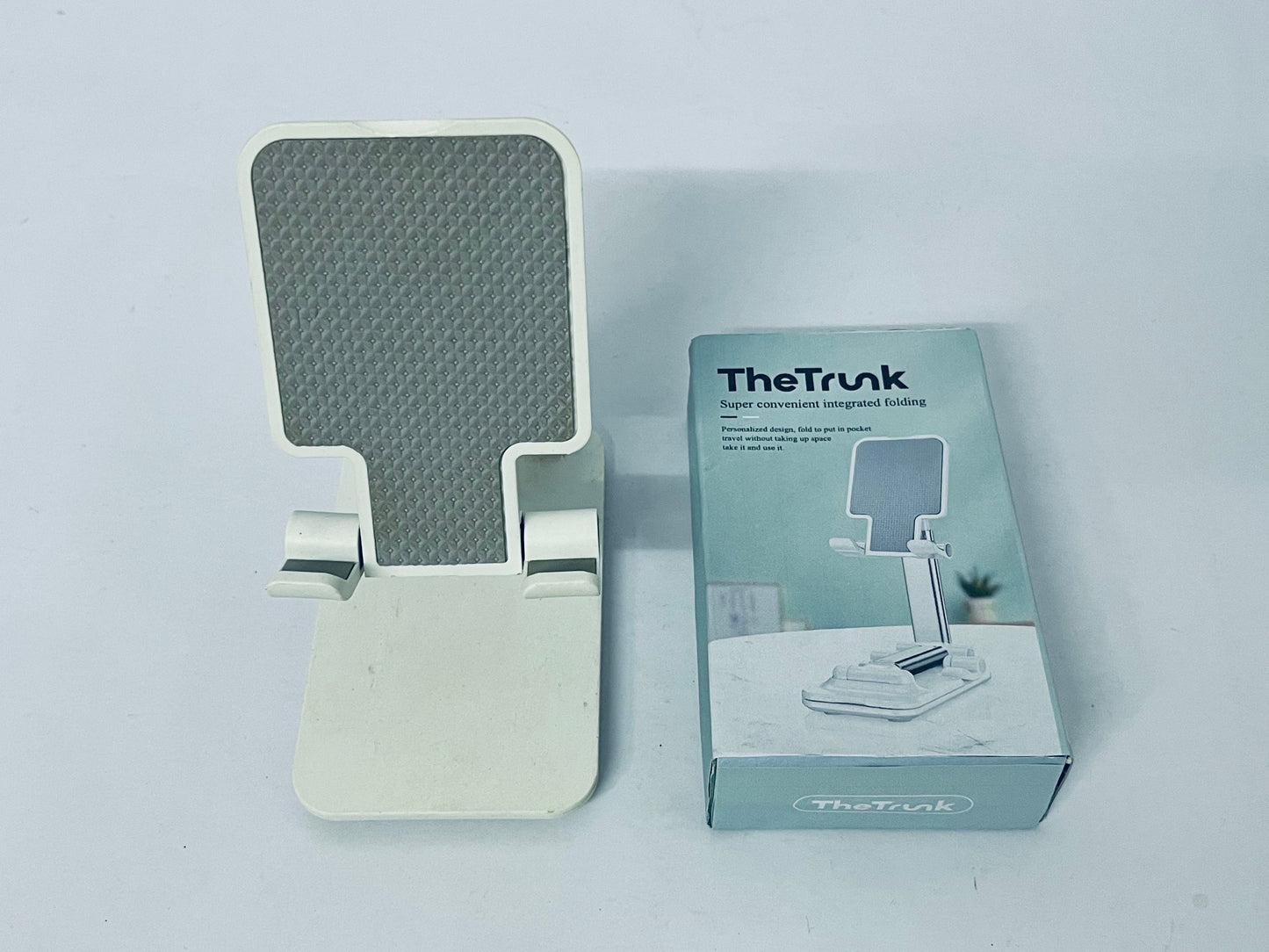 TheTrunk Cell Phone Stand, Angle Height Adjustable Cell Phone Holder with Silicon Pad for Desk Fully Forldable Mobile Phone Holder Compatible with All Mobile Phones (White)