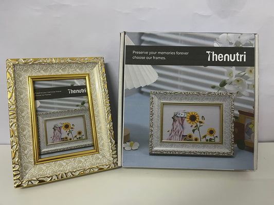 Thenutri Dual-Layer Vintage Picture Frame: Rose-Patterned Gold-Trim Frame (Ivory/Gray) – Elegant Decor for Memory Display & Home/Office Ornament