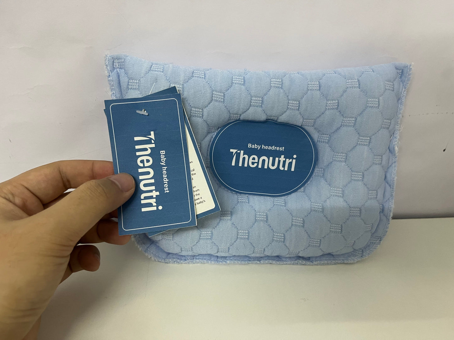 Thenutri Baby Headrest Pillow: Light Blue Quilted Breathable Fabric Pillow – Gentle Neck & Head Support for Infants in Cribs/Strollers