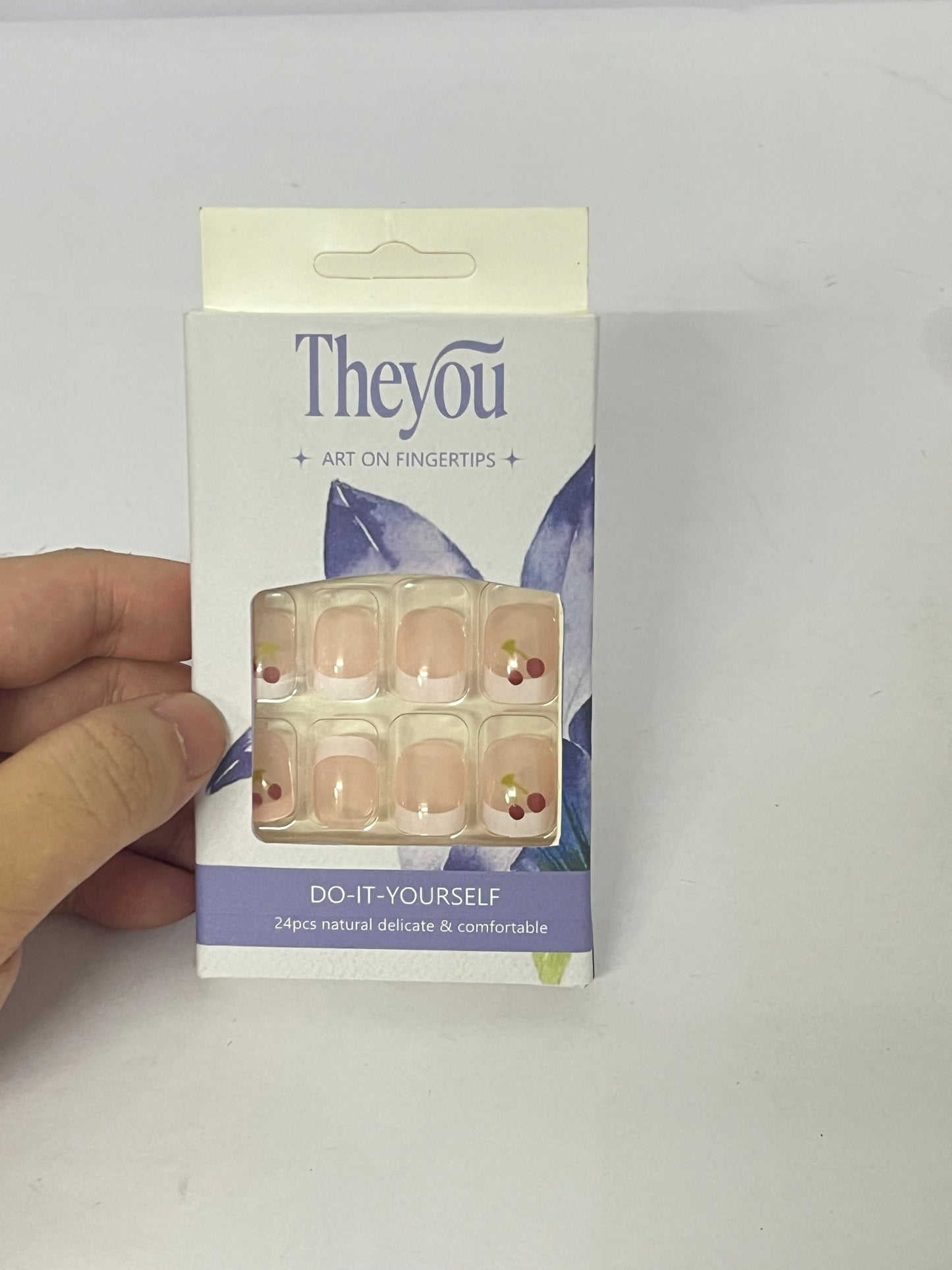 Theyou Short Square Press on Nails Red White French  Nails Fake Nails Summer Glue on Nails with Cherry Pattern Designs Glossy Nude Pink Acrylic Full Cover Square Nails Press on False Nails for Women 24PCS