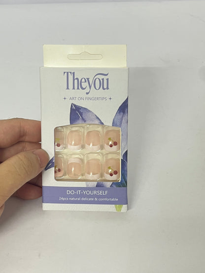 Theyou Short Square Press on Nails Red White French  Nails Fake Nails Summer Glue on Nails with Cherry Pattern Designs Glossy Nude Pink Acrylic Full Cover Square Nails Press on False Nails for Women 24PCS