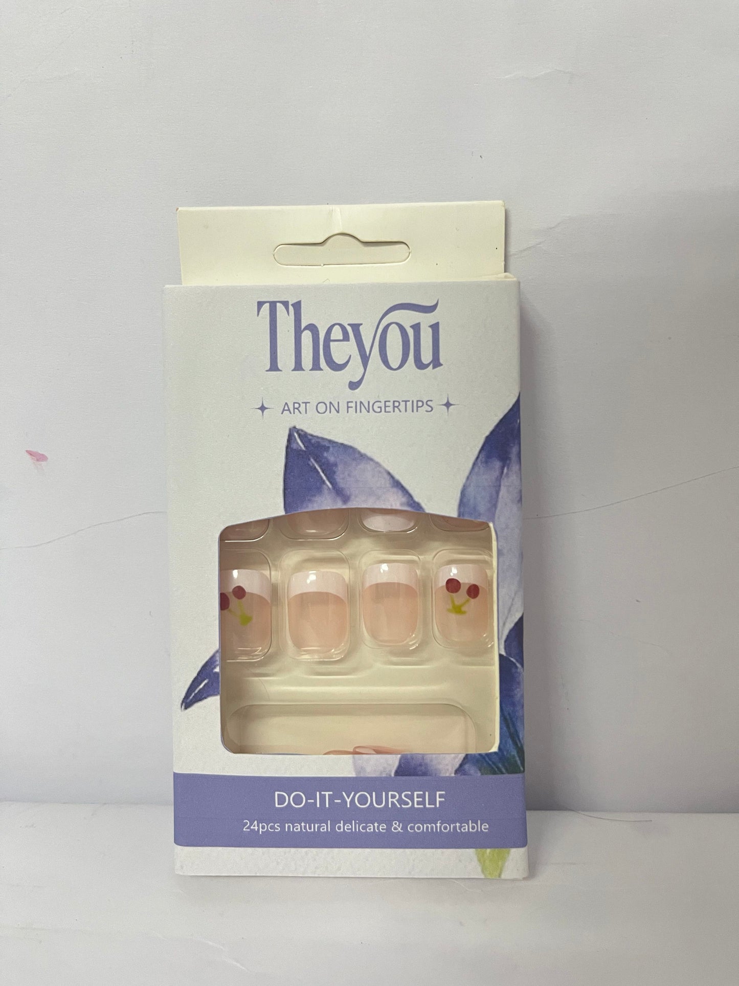 Theyou Short Square Press on Nails Red White French  Nails Fake Nails Summer Glue on Nails with Cherry Pattern Designs Glossy Nude Pink Acrylic Full Cover Square Nails Press on False Nails for Women 24PCS