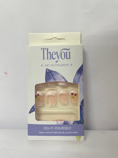 Theyou Short Square Press on Nails Red White French  Nails Fake Nails Summer Glue on Nails with Cherry Pattern Designs Glossy Nude Pink Acrylic Full Cover Square Nails Press on False Nails for Women 24PCS