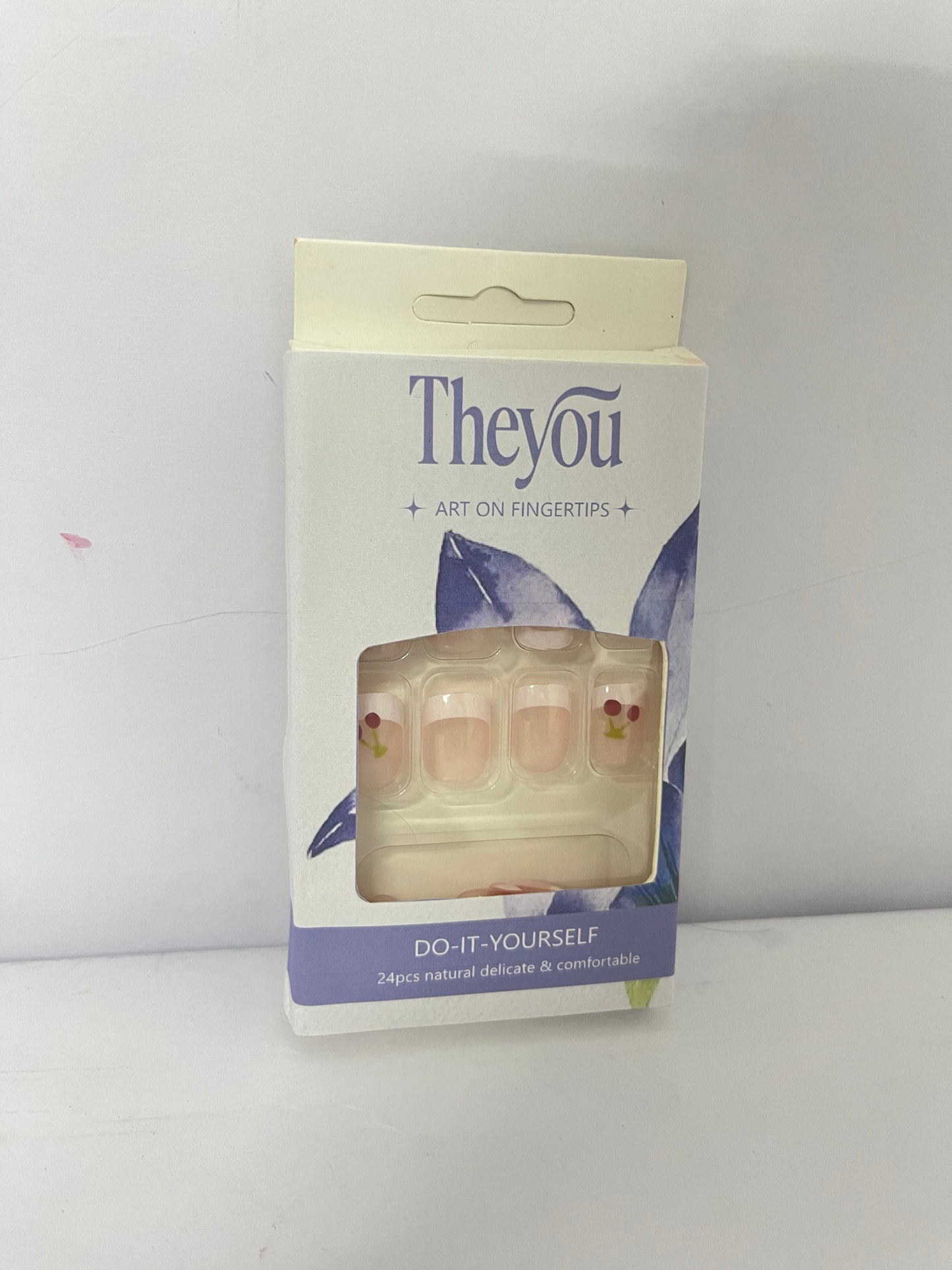 Theyou Short Square Press on Nails Red White French  Nails Fake Nails Summer Glue on Nails with Cherry Pattern Designs Glossy Nude Pink Acrylic Full Cover Square Nails Press on False Nails for Women 24PCS