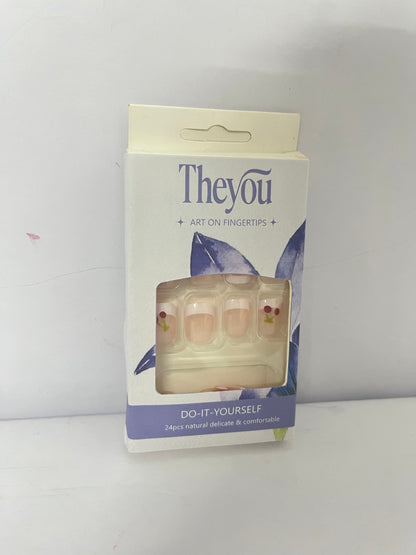 Theyou Short Square Press on Nails Red White French  Nails Fake Nails Summer Glue on Nails with Cherry Pattern Designs Glossy Nude Pink Acrylic Full Cover Square Nails Press on False Nails for Women 24PCS