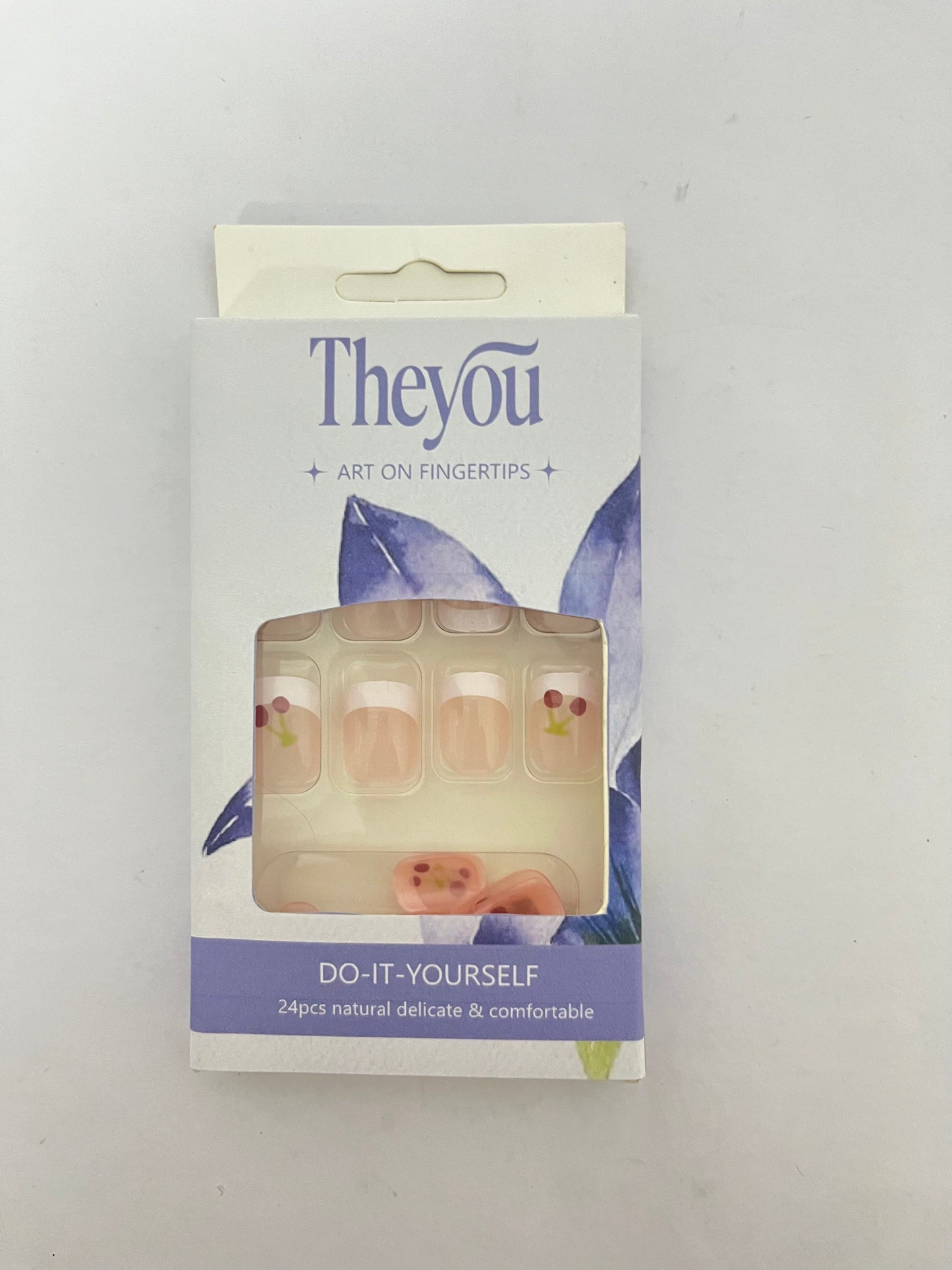 Theyou Short Square Press on Nails Red White French  Nails Fake Nails Summer Glue on Nails with Cherry Pattern Designs Glossy Nude Pink Acrylic Full Cover Square Nails Press on False Nails for Women 24PCS