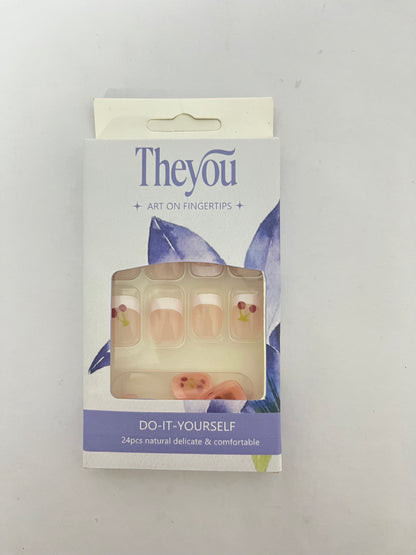 Theyou Short Square Press on Nails Red White French  Nails Fake Nails Summer Glue on Nails with Cherry Pattern Designs Glossy Nude Pink Acrylic Full Cover Square Nails Press on False Nails for Women 24PCS