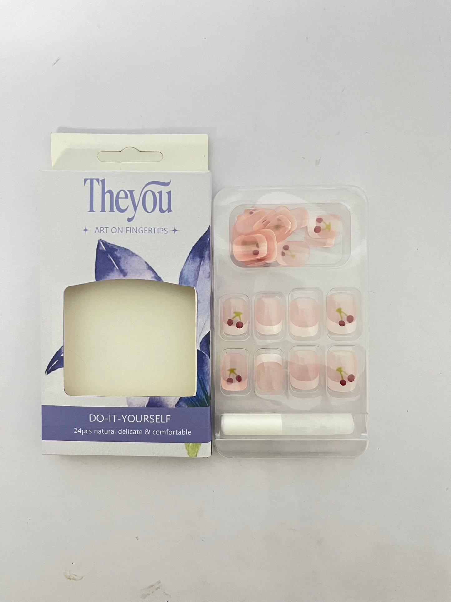 Theyou Short Square Press on Nails Red White French  Nails Fake Nails Summer Glue on Nails with Cherry Pattern Designs Glossy Nude Pink Acrylic Full Cover Square Nails Press on False Nails for Women 24PCS
