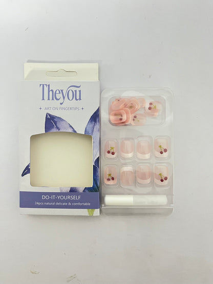 Theyou Short Square Press on Nails Red White French  Nails Fake Nails Summer Glue on Nails with Cherry Pattern Designs Glossy Nude Pink Acrylic Full Cover Square Nails Press on False Nails for Women 24PCS