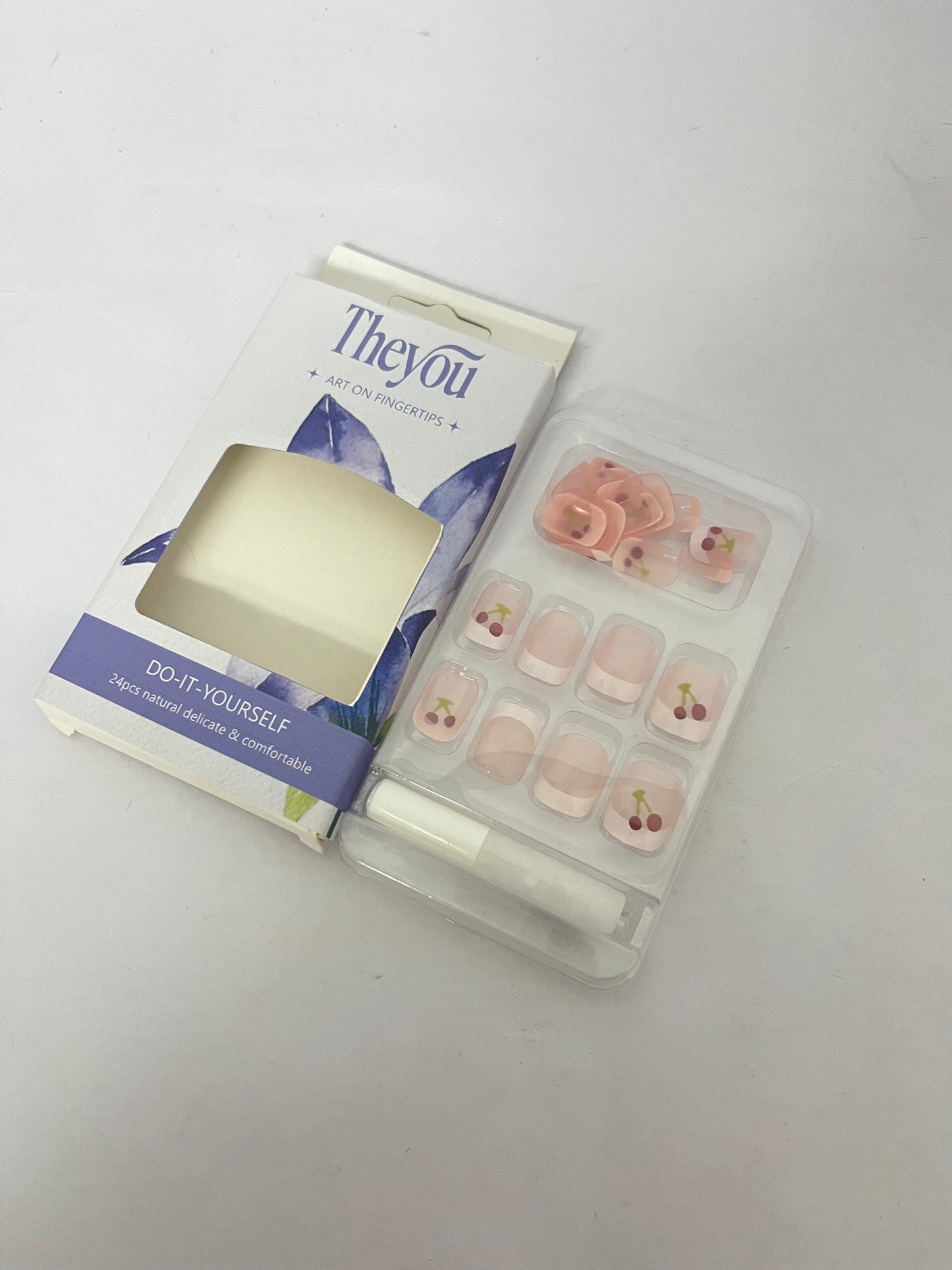 Theyou Short Square Press on Nails Red White French  Nails Fake Nails Summer Glue on Nails with Cherry Pattern Designs Glossy Nude Pink Acrylic Full Cover Square Nails Press on False Nails for Women 24PCS
