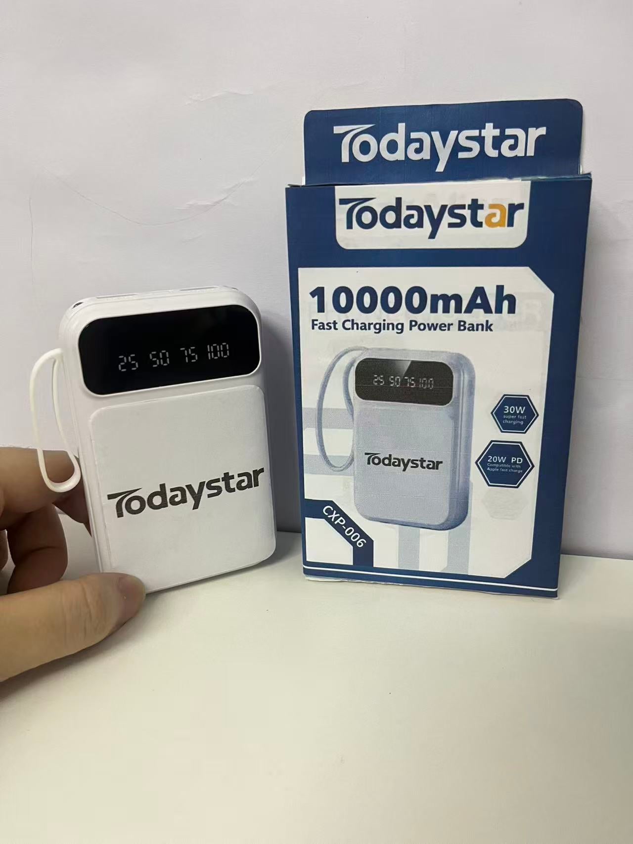 [Todaystar Portable power chargers]-10000mAh Fast Charging Power Bank - Built-in Cable Portable Charger
