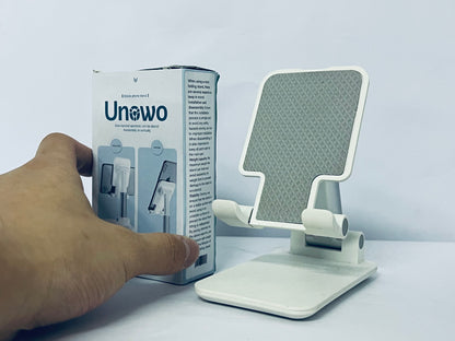 Unowo Smartphone mounts Cell Phone Stand, Angle Height Adjustable Cell Phone Holder with Silicon Pad for Desk Fully Forldable Mobile Phone Holder Compatible with All Mobile Phones, MT-6, (White)