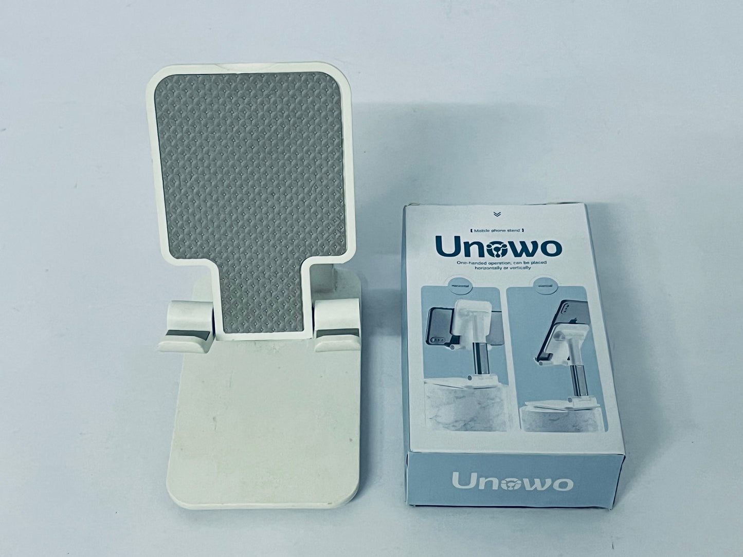 Unowo Smartphone mounts Cell Phone Stand, Angle Height Adjustable Cell Phone Holder with Silicon Pad for Desk Fully Forldable Mobile Phone Holder Compatible with All Mobile Phones, MT-6, (White)