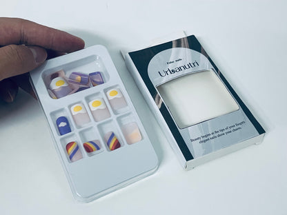 Urbanutri Fun Cartoon Fake Nail Tips - Creative Fried Egg & Stripe Style Press-On Nails (With Jelly Adhesive)