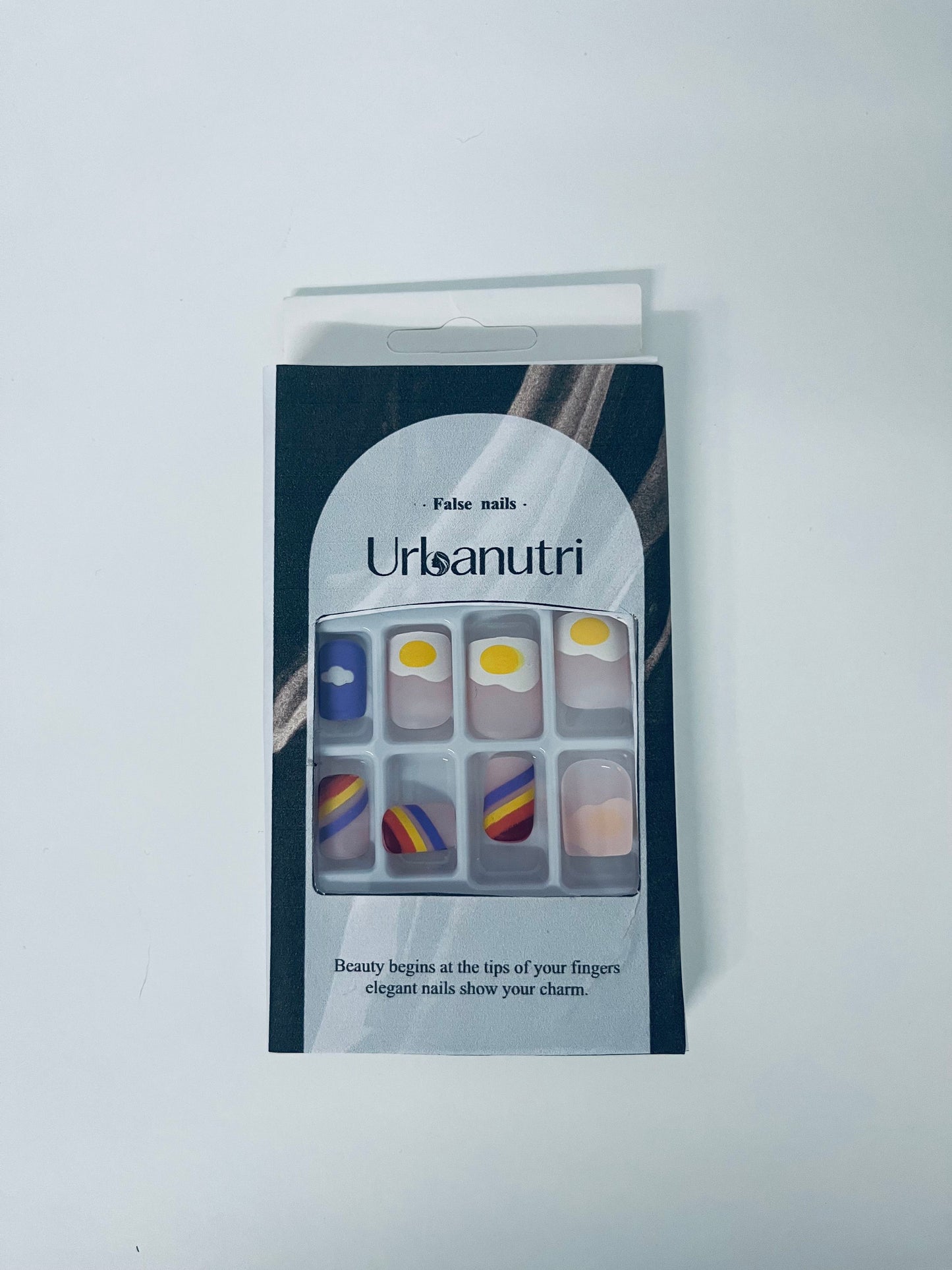 Urbanutri Fun Cartoon Fake Nail Tips - Creative Fried Egg & Stripe Style Press-On Nails (With Jelly Adhesive)