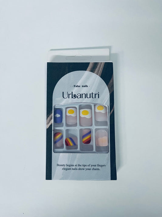 Urbanutri Fun Cartoon Fake Nail Tips - Creative Fried Egg & Stripe Style Press-On Nails (With Jelly Adhesive)