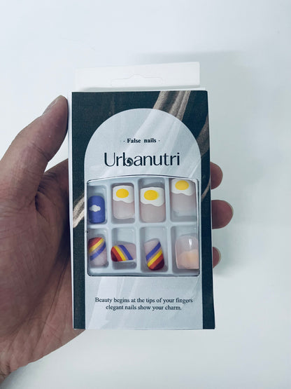 Urbanutri Fun Cartoon Fake Nail Tips - Creative Fried Egg & Stripe Style Press-On Nails (With Jelly Adhesive)