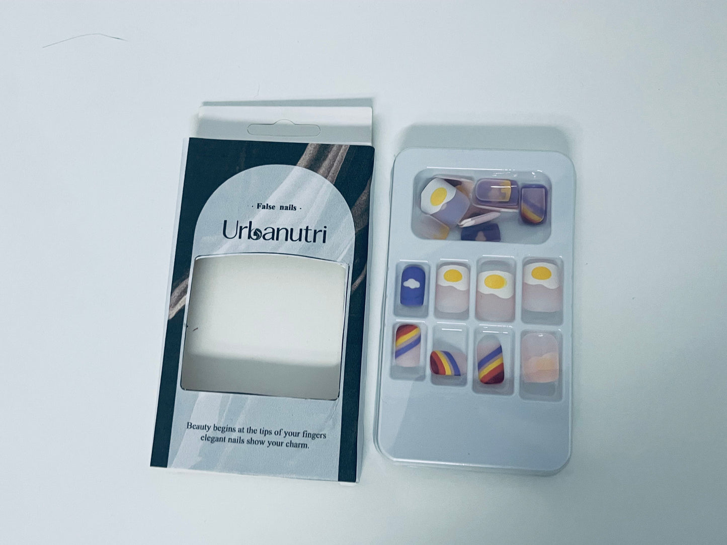 Urbanutri Fun Cartoon Fake Nail Tips - Creative Fried Egg & Stripe Style Press-On Nails (With Jelly Adhesive)