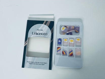 Urbanutri Fun Cartoon Fake Nail Tips - Creative Fried Egg & Stripe Style Press-On Nails (With Jelly Adhesive)